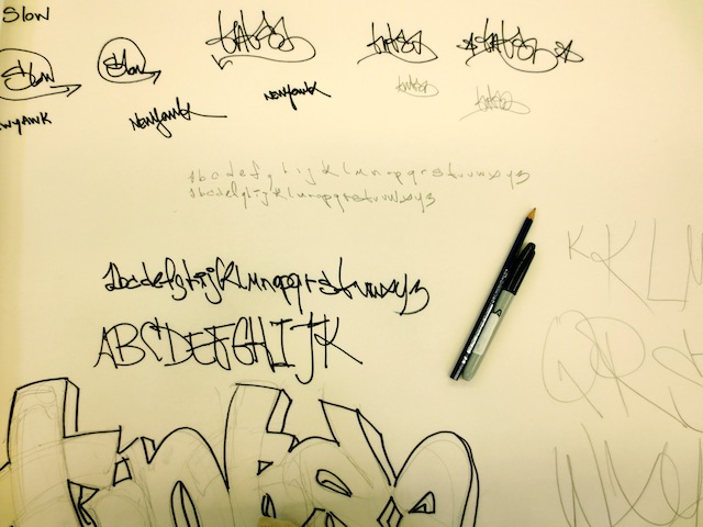 Students spent time developing a new identity for their tags. We first practiced hand style lettering using pencils, drip markers, and then the aerosol cans.
